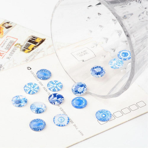 Glass Cabochons, Porcelain Prints, Blue, White, 12mm - BEADED CREATIONS