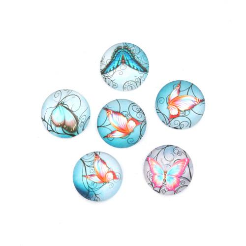 Glass Cabochons, Round, Butterfly Print, Pink, Blue, 20mm - BEADED CREATIONS