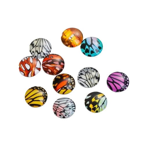 Glass Cabochons, Round, Butterfly Wings, Mixed, Multicolor, 12mm - BEADED CREATIONS