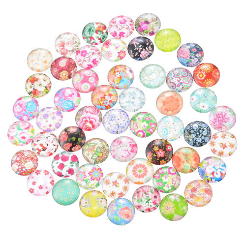 Glass Cabochons, Round, Floral Print, Mixed, Multicolor, 12mm - BEADED CREATIONS