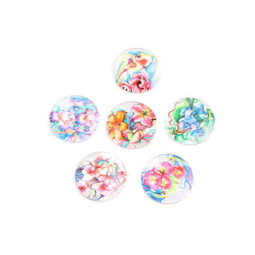 Glass Cabochons, Round, Floral Print, Mixed, Multicolor, 20mm - BEADED CREATIONS