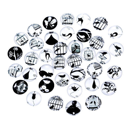 Glass Cabochons, Round, Retro, Cats, Birds, Black, White, 12mm - BEADED CREATIONS