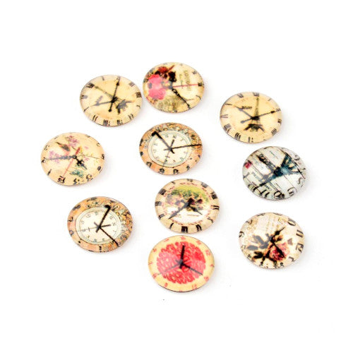 Glass Cabochons, Vintage Clocks, Round, Mixed Colors, 12mm - BEADED CREATIONS