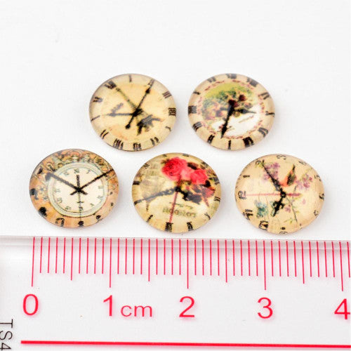 Glass Cabochons, Vintage Clocks, Round, Mixed Colors, 12mm - BEADED CREATIONS