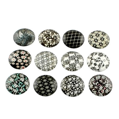 Glass Cabochons, Vintage, Floral, Round, Black, White, Mixed, 12mm - BEADED CREATIONS