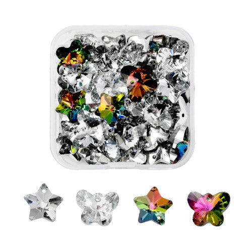 Glass Charms, Butterflies & Stars, Faceted, Foil Back, Clear & Rainbow, AB, 12-13mm - BEADED CREATIONS