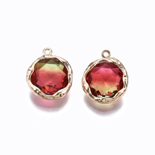 Glass Charms, Round, Faceted, Two-Tone, Cerise, Brass, Light Gold, Brass, 14mm - BEADED CREATIONS