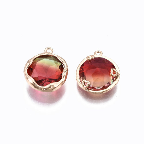 Glass Charms, Round, Faceted, Two-Tone, Cerise, Brass, Light Gold, Brass, 14mm - BEADED CREATIONS