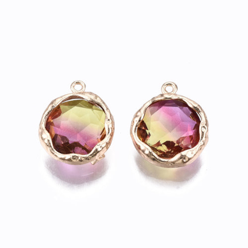 Glass Charms, Round, Faceted, Two-Tone, Violet, Brass, Light Gold, Brass, 14mm - BEADED CREATIONS