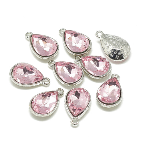 Glass Pendants, Alloy, Faceted, Teardrop, Pearl Pink, Silver Plated, Focal, 19mm - BEADED CREATIONS