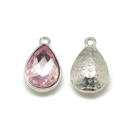 Glass Pendants, Alloy, Faceted, Teardrop, Pearl Pink, Silver Plated, Focal, 19mm - BEADED CREATIONS