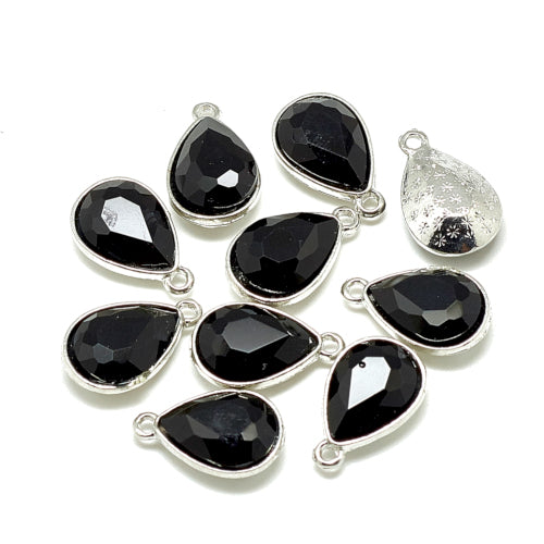 Glass Pendants, Faceted, Teardrop, Black, Silver Plated, Alloy, 19mm - BEADED CREATIONS