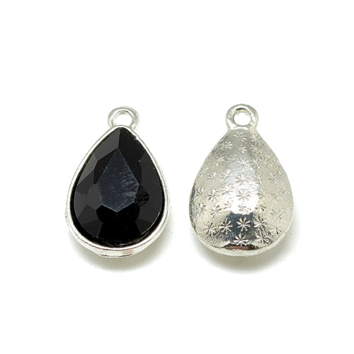 Glass Pendants, Faceted, Teardrop, Black, Silver Plated, Alloy, 19mm - BEADED CREATIONS