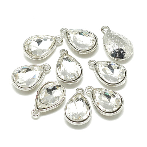 Glass Pendants, Faceted, Teardrop, Clear, Silver Plated, Alloy, 19mm - BEADED CREATIONS