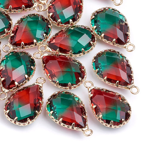 Glass Pendants, K9 Glass, Brass, Faceted, Teardrop, Green, Red, Golden, Focal, 22-23mm - BEADED CREATIONS