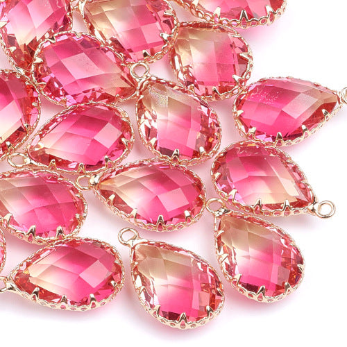 Glass Pendants, K9 Glass, Brass, Faceted, Teardrop, Hot Pink, Golden, Focal, 22-23mm - BEADED CREATIONS