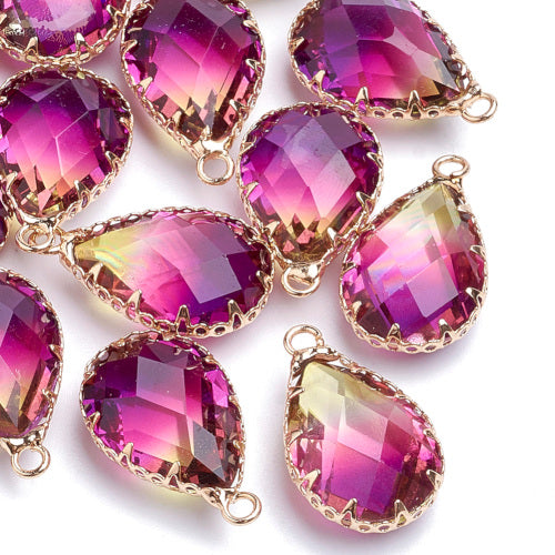 Glass Pendants, K9 Glass, Brass, Faceted, Teardrop, Purple, Golden, Focal, 22-23mm - BEADED CREATIONS