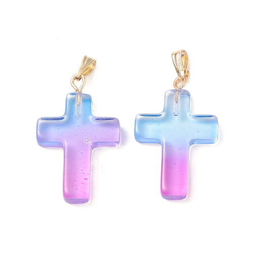 Glass Pendants, Two Tone, Transparent, With Gold Plated Iron Bail, Cross, Sky Blue, 28.5mm - BEADED CREATIONS