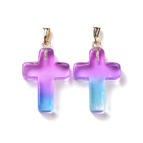 Glass Pendants, Two Tone, Transparent, With Gold Plated Iron Bail, Cross, Sky Blue, 28.5mm - BEADED CREATIONS