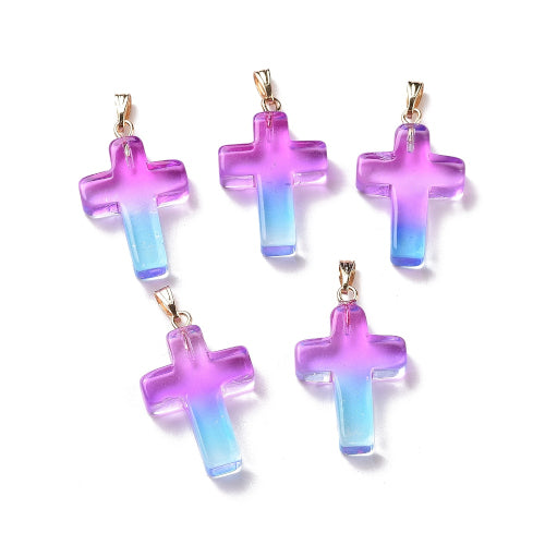 Glass Pendants, Two Tone, Transparent, With Gold Plated Iron Bail, Cross, Sky Blue, 28.5mm - BEADED CREATIONS