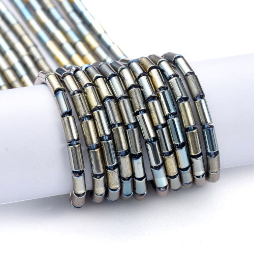 Glass Beads, Column, Metallic Blue Haze, 4.5-5x2.5mm - BEADED CREATIONS