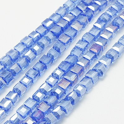 Glass Beads, Cube, Faceted, AB Color Plated, Cornflower Blue, 3mm - BEADED CREATIONS