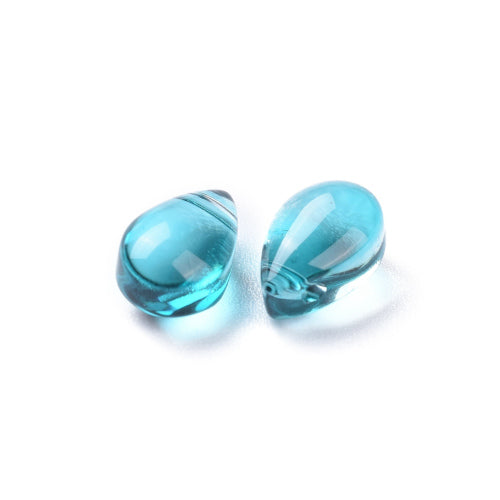 Glass Beads, Teardrop, Transparent, Top-Drilled, Teal, 9mm - BEADED CREATIONS