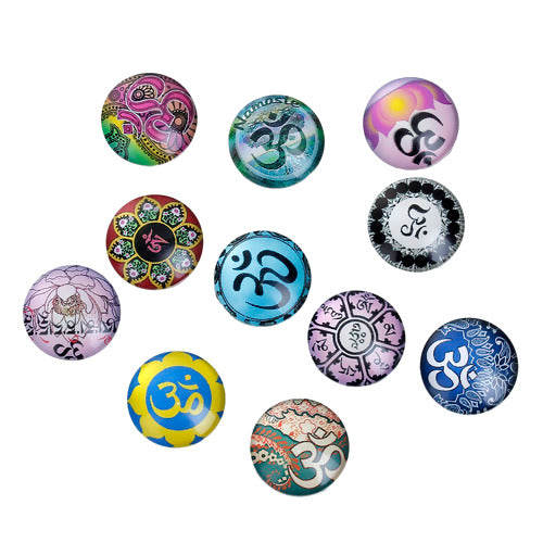 Glass Cabochons, Aum Symbols, Round, Mixed, Multicolor, 18mm - BEADED CREATIONS