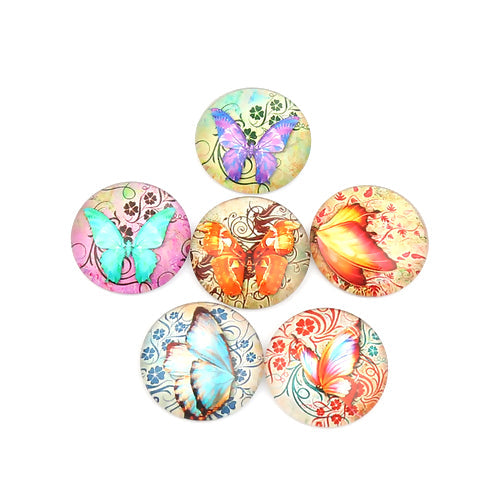 Glass Cabochons, Round, Butterfly Print, Mixed, Multicolor, 25mm - BEADED CREATIONS