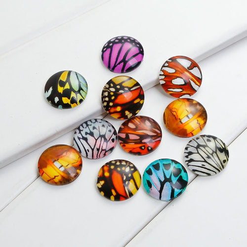 Glass Cabochons, Round, Butterfly Wings, Mixed, Multicolor, 20mm - BEADED CREATIONS