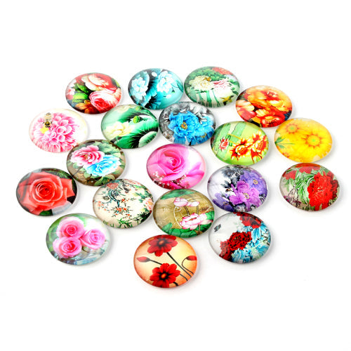 Glass Cabochons, Round, Flowers, Mixed, Multicolor, 10mm - BEADED CREATIONS