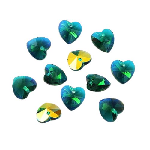 Glass Charms, Hearts, Faceted, Green AB, 14mm - BEADED CREATIONS