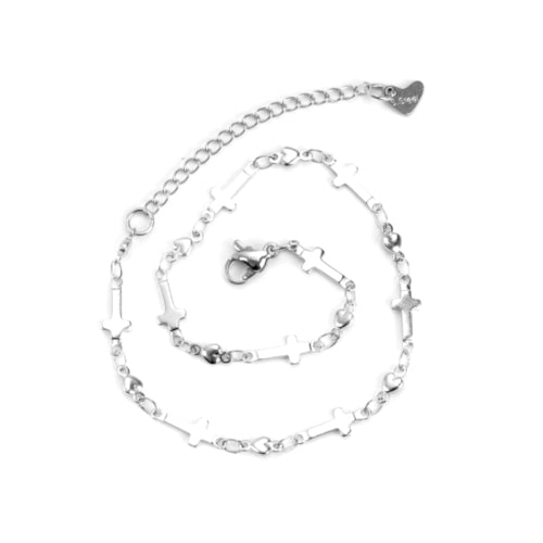 Heart And Cross Link Chain Necklace, Stainless Steel, Silver, 29cm - BEADED CREATIONS