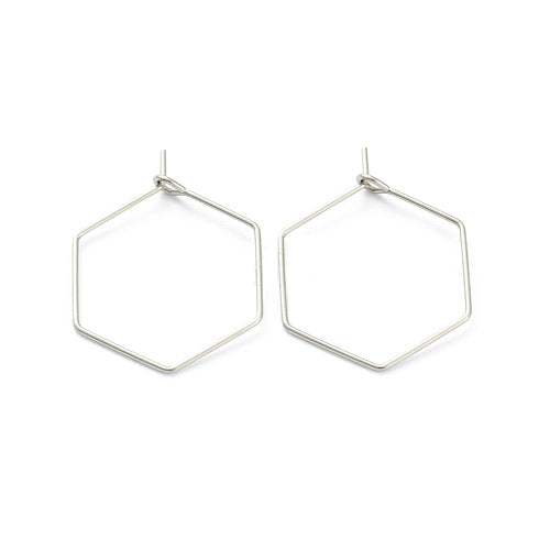 Hoop Earring Findings, Surgical Stainless Steel, Hexagon, Silver, 26mm - BEADED CREATIONS