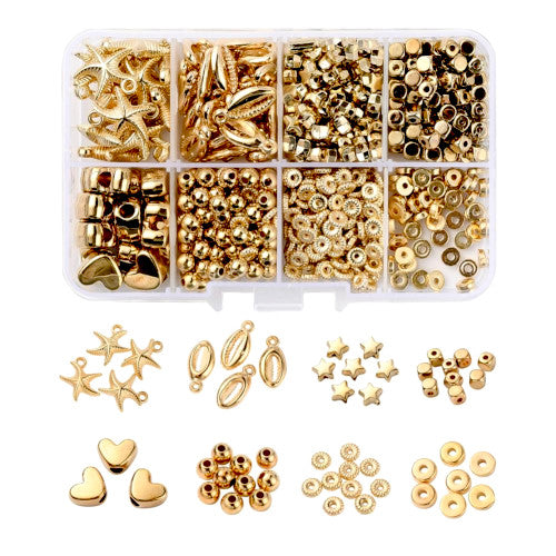 Jewelry Making Kit, Golden, Hearts, Stars, Spacer Beads, Starfish, Shell, Pendants, 515 Pieces - BEADED CREATIONS