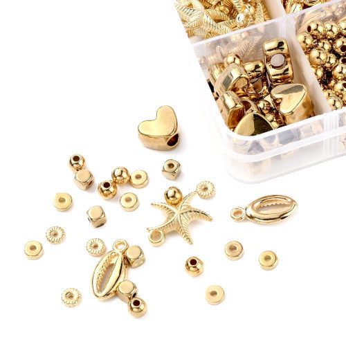 Jewelry Making Kit, Golden, Hearts, Stars, Spacer Beads, Starfish, Shell, Pendants, 515 Pieces - BEADED CREATIONS