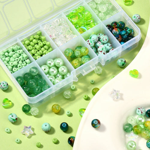 Jewelry Making Kit, Green, Round, Stars, Hearts, Acrylic And Glass Beads - BEADED CREATIONS