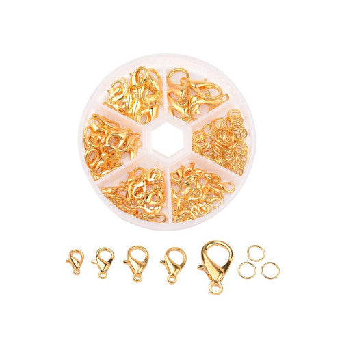 Jewelry Making Kit, Lobster Claw Clasps, And Jump Rings Set, Gold Plated, Alloy, Assorted - BEADED CREATIONS