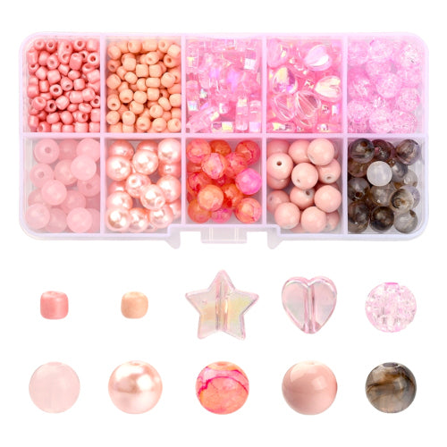 Jewelry Making Kit, Pink, Round, Stars, Hearts, Acrylic And Glass Beads - BEADED CREATIONS