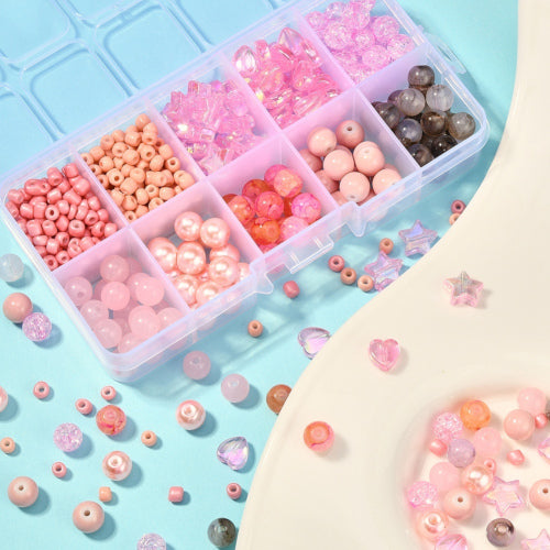 Jewelry Making Kit, Pink, Round, Stars, Hearts, Acrylic And Glass Beads - BEADED CREATIONS