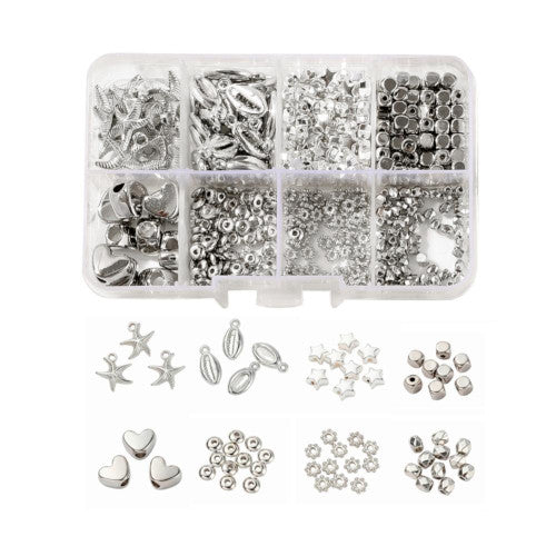 Jewelry Making Kit, Silver Tone, Hearts, Stars, Spacer Beads, Starfish, Shell, Pendants, 515 Pieces - BEADED CREATIONS