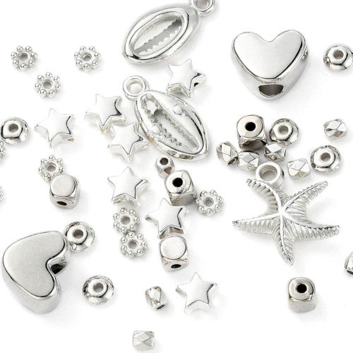 Jewelry Making Kit, Silver Tone, Hearts, Stars, Spacer Beads, Starfish, Shell, Pendants, 515 Pieces - BEADED CREATIONS