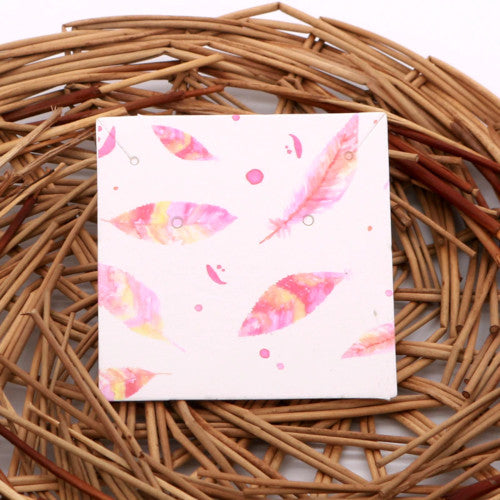 Jewelry Display Cards, Square, Feathers, Pink, 59x59mm - BEADED CREATIONS