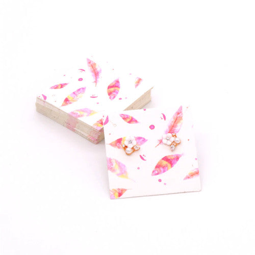 Jewelry Display Cards, Square, Feathers, Pink, 59x59mm - BEADED CREATIONS