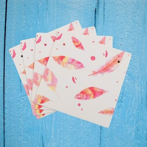 Jewelry Display Cards, Square, Feathers, Pink, 59x59mm - BEADED CREATIONS