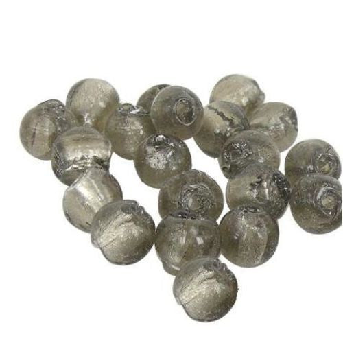 Lampwork Glass Beads, Handmade Round, Silver Foil, Grey, 10mm - BEADED CREATIONS