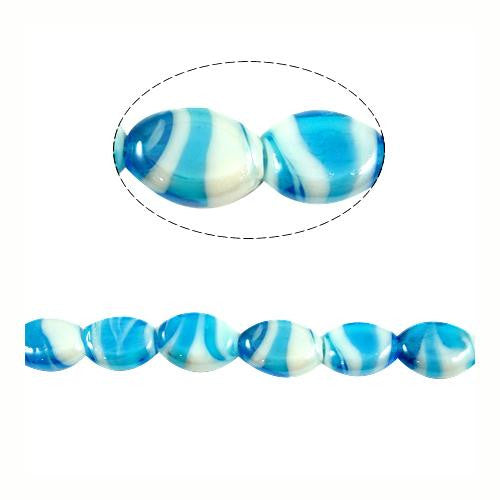 Lampwork Beads, Puffed, Oval, Aqua Blue, White, Swirl, 18mm - BEADED CREATIONS