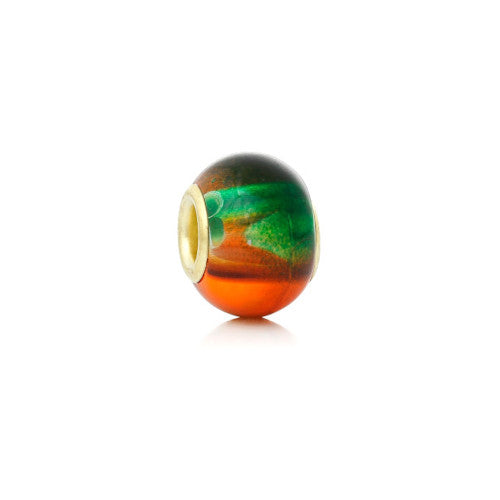 Large Hole Glass Beads, Green, Orange Two-Tone, Gold Plated Core, Rondelle, 15x12mm - BEADED CREATIONS