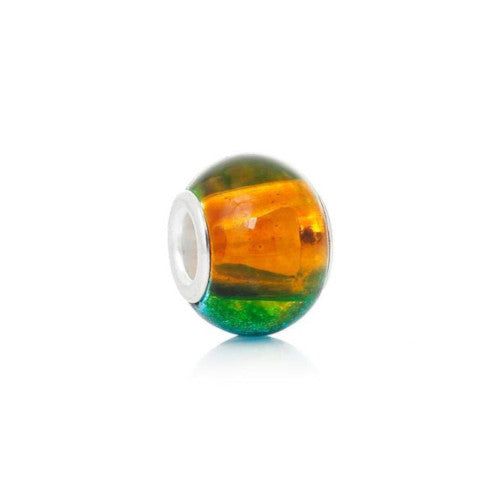 Large Hole Glass Beads, Green, Orange, Two-Tone, Silver Plated Core, Rondelle, 14x11mm - BEADED CREATIONS