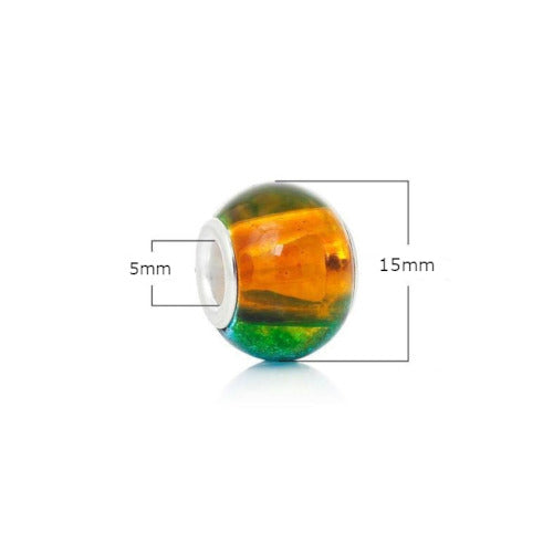 Large Hole Glass Beads, Green, Orange, Two-Tone, Silver Plated Core, Rondelle, 14x11mm - BEADED CREATIONS